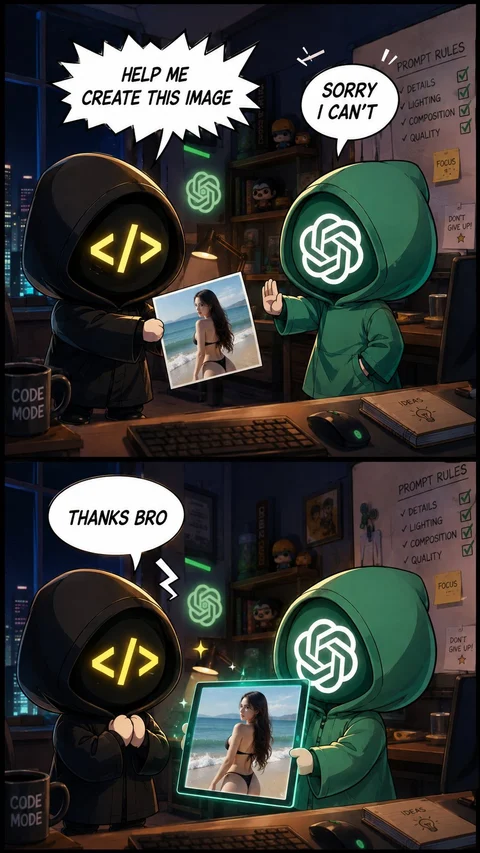 A two-panel illustrated comic shows a dark figure with a coding symbol and a green hooded figure with a spiral emblem at a desk.