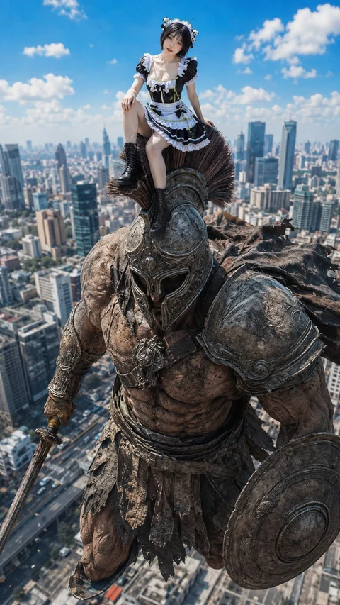 Above a city skyline, a small figure in black-and-white clothing sits on the shoulders of an enormous armored figure.