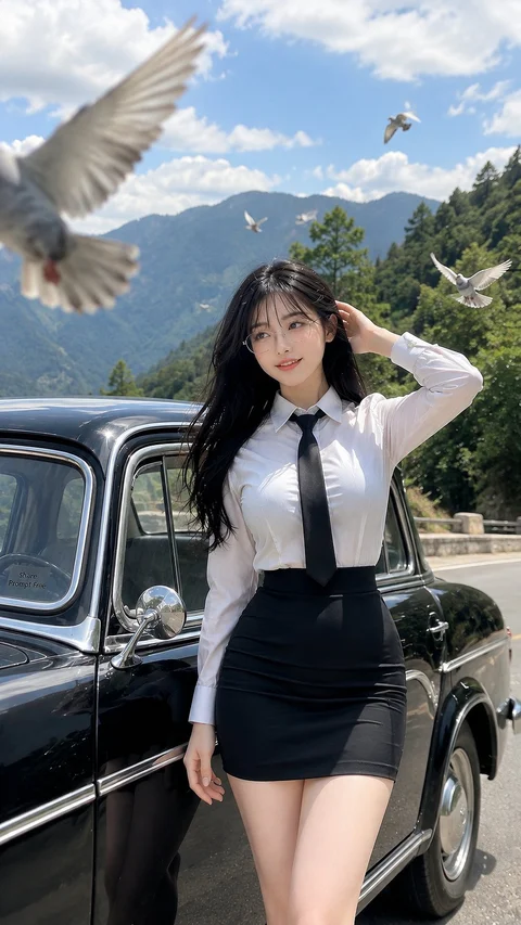 A woman in a white shirt, black tie and dark skirt stands beside a black car with mountains behind her.