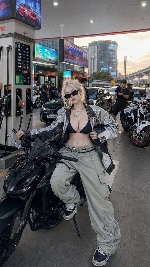 A person in sunglasses and gray cargo clothing stands beside a motorcycle on a busy street.
