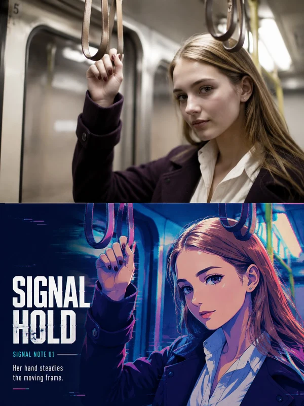 Adult subway portrait and anime editorial diptych